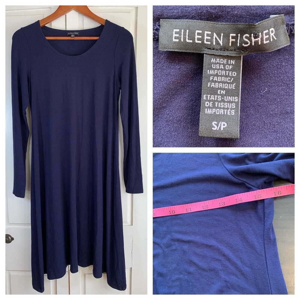 Eileen Fisher Dress Women’s Small Long‎ Sleeve Midi Blue T Shirt Casual Stretch